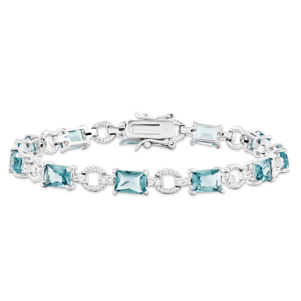 7.25 Inch Sterling Silver Rhodium-Plated Blue And Clear Cz Bracelet