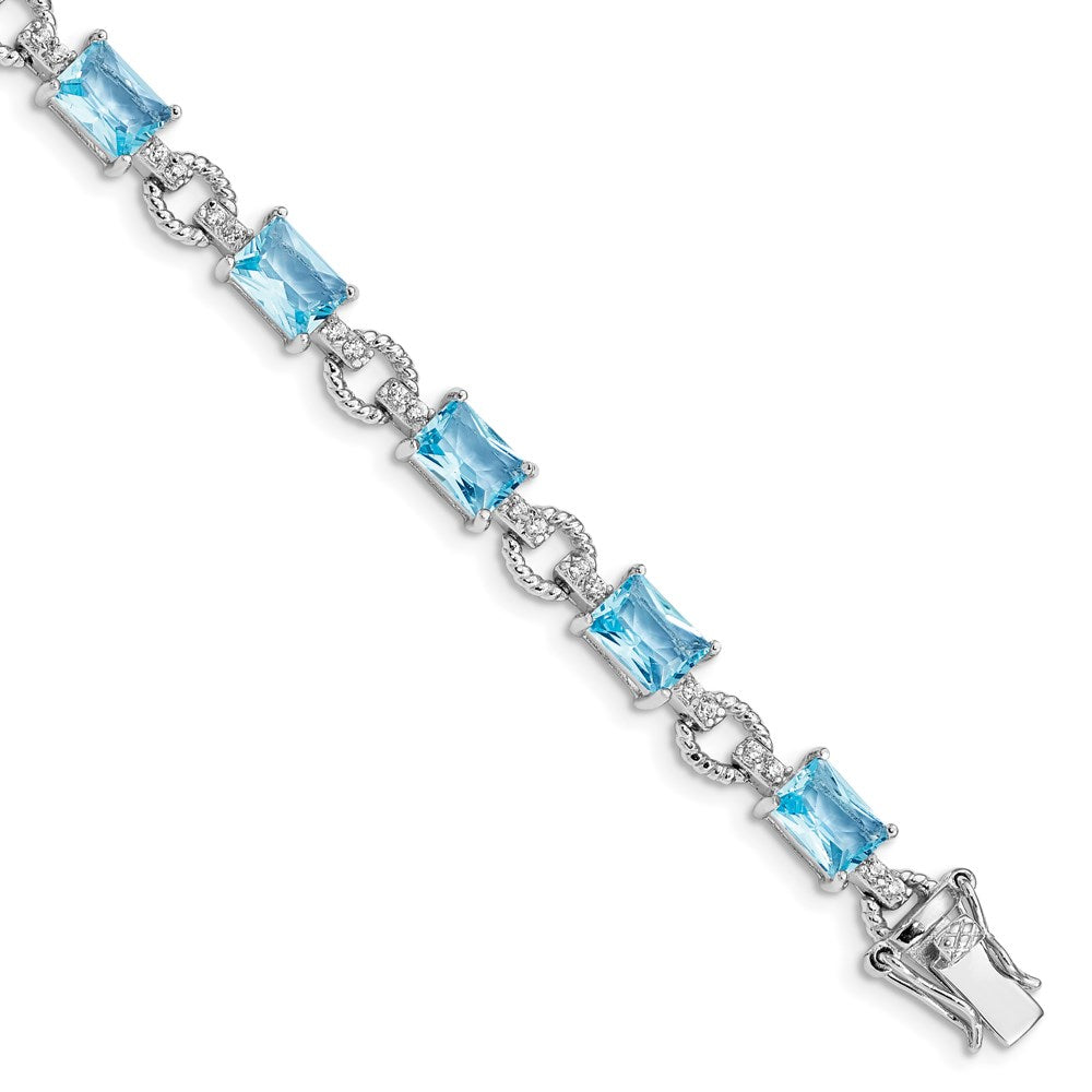 7.25 Inch Sterling Silver Rhodium-Plated Blue And Clear Cz Bracelet
