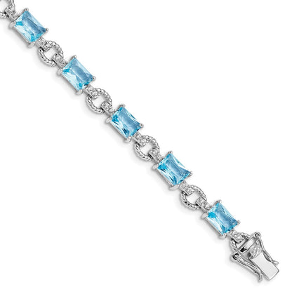 7.25 Inch Sterling Silver Rhodium-Plated Blue And Clear Cz Bracelet