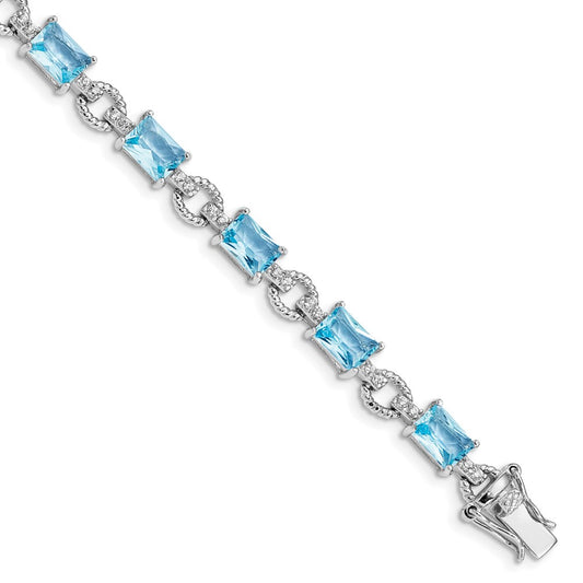 7.25 Inch Sterling Silver Rhodium-Plated Blue And Clear Cz Bracelet
