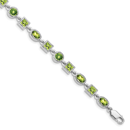 7 Inch Sterling Silver Rhodium-Plated Peridot Bracelet