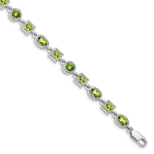 7 Inch Sterling Silver Rhodium-Plated Peridot Bracelet
