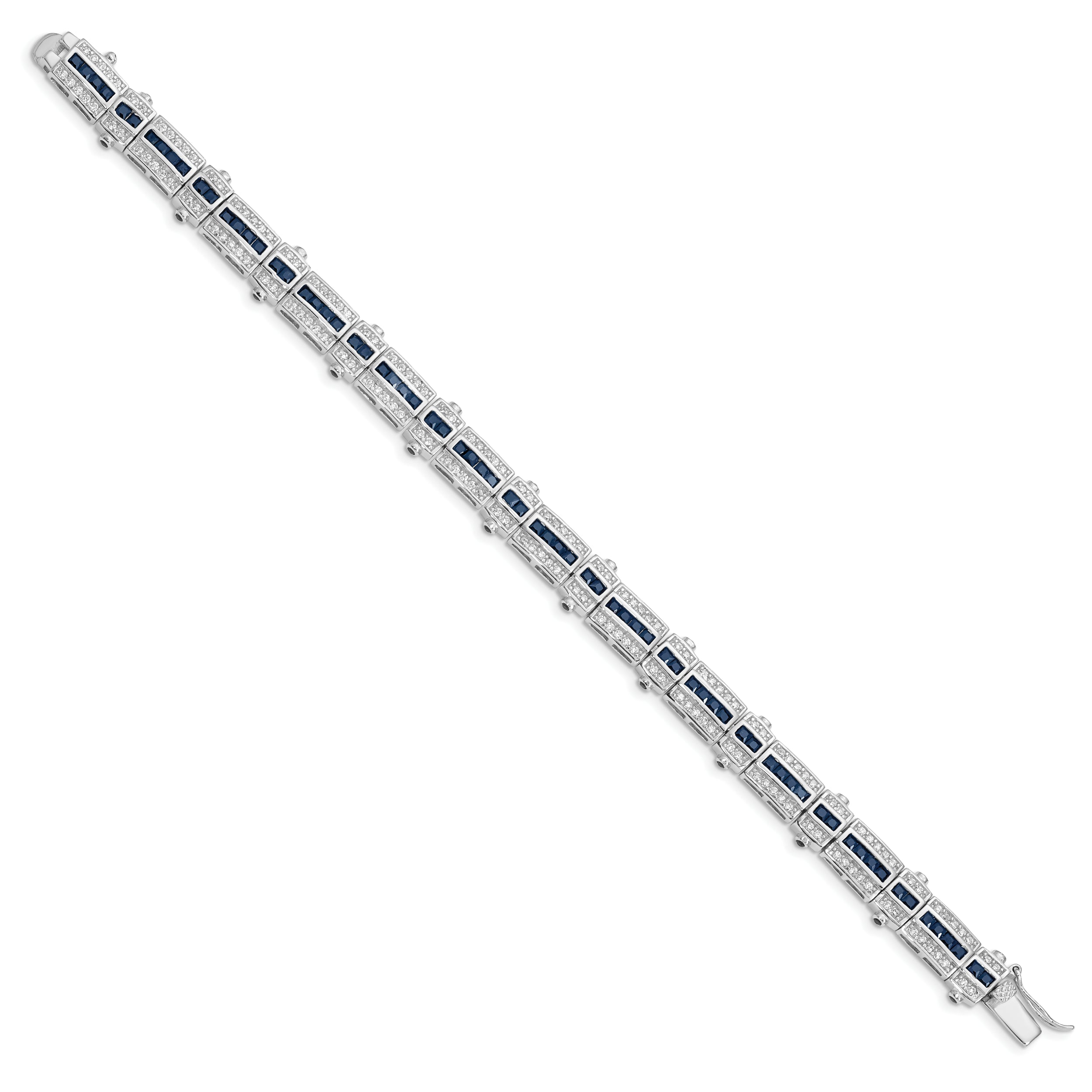 7 Inch Sterling Silver Rhodium-Plated Sapphire & Cz Bracelet