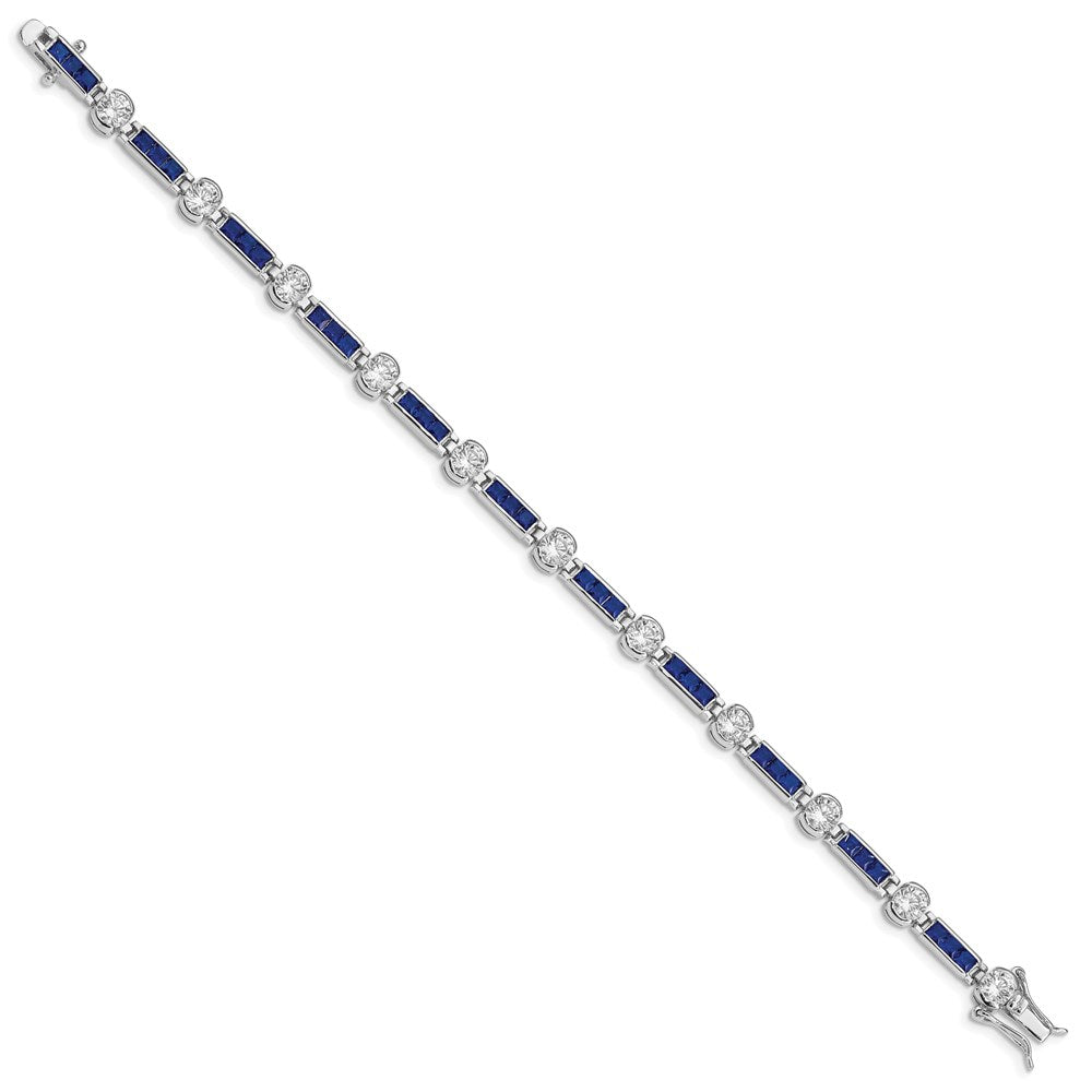 Sterling Silver Rhodium-Plated Blue Glass And Cz 7.25 Inch Bracelet