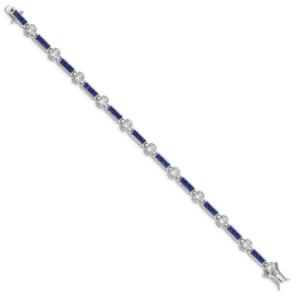 Sterling Silver Rhodium-Plated Blue Glass And Cz 7.25 Inch Bracelet