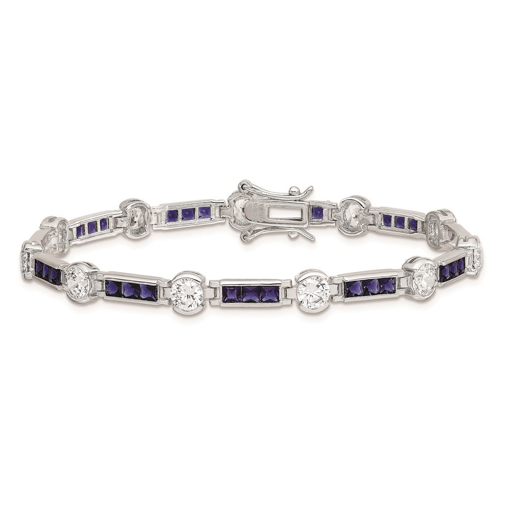 Sterling Silver Rhodium-Plated Blue Glass And Cz 7.25 Inch Bracelet