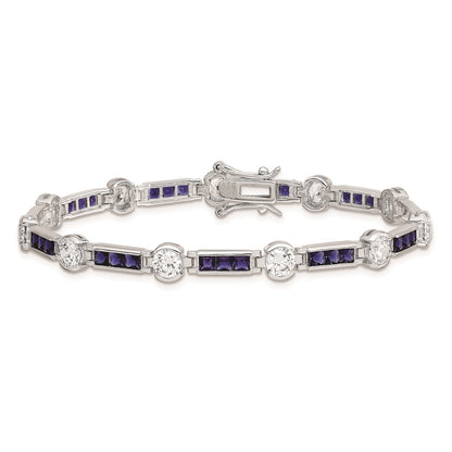 Sterling Silver Rhodium-Plated Blue Glass And Cz 7.25 Inch Bracelet