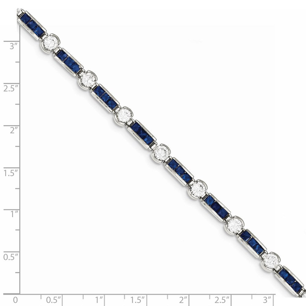 Sterling Silver Rhodium-Plated Blue Glass And Cz 7.25 Inch Bracelet