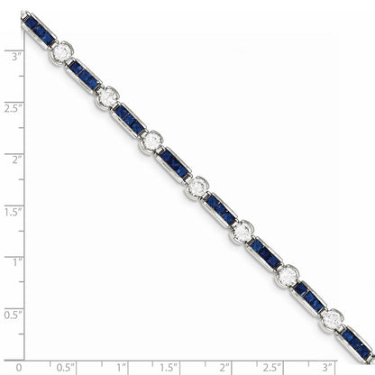 Sterling Silver Rhodium-Plated Blue Glass And Cz 7.25 Inch Bracelet