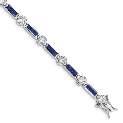 Sterling Silver Rhodium-Plated Blue Glass And Cz 7.25 Inch Bracelet