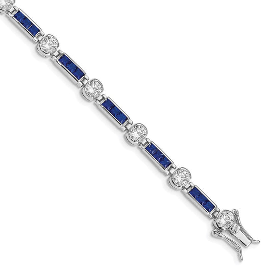 Sterling Silver Rhodium-Plated Blue Glass And Cz 7.25 Inch Bracelet