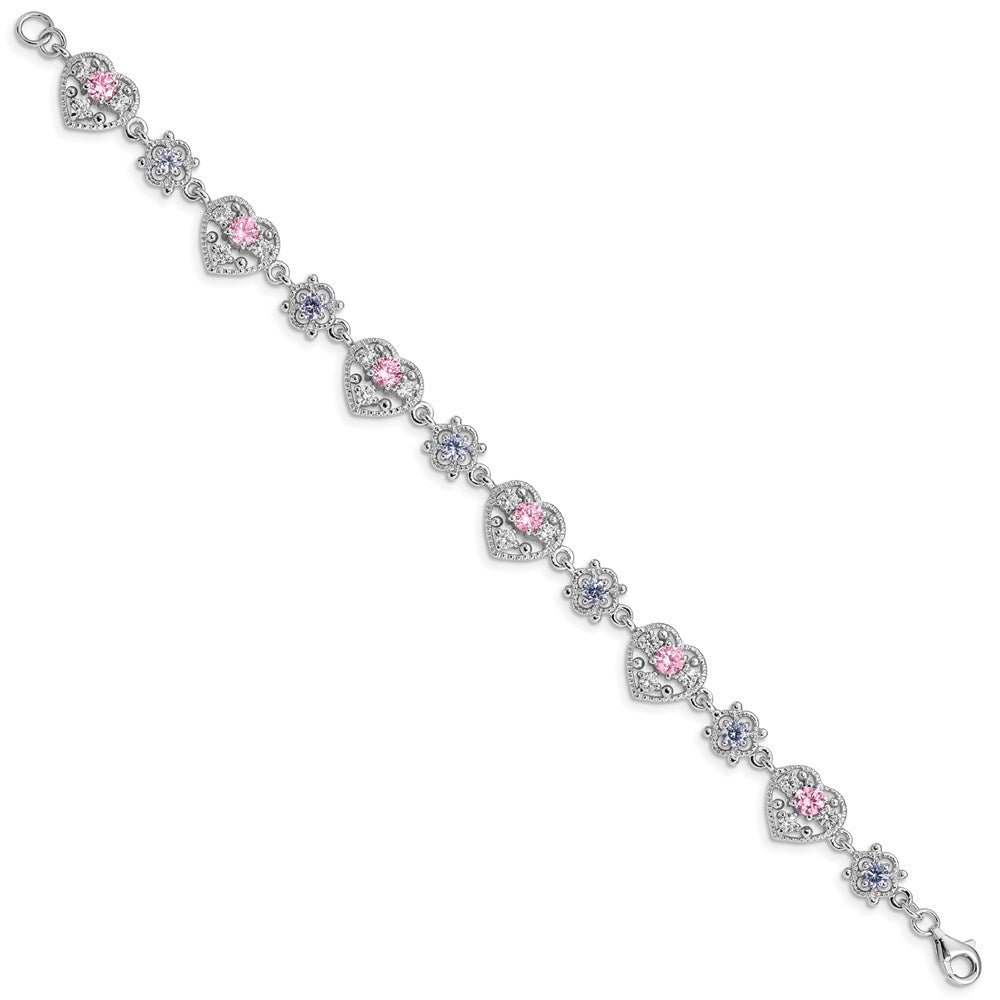 7 Inch Sterling Silver Rhod-Plated 7Inch Pink And Clear Cz Heart Bracelet