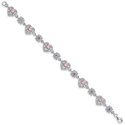 7 Inch Sterling Silver Rhod-Plated 7Inch Pink And Clear Cz Heart Bracelet