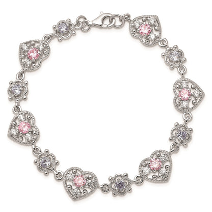 7 Inch Sterling Silver Rhod-Plated 7Inch Pink And Clear Cz Heart Bracelet
