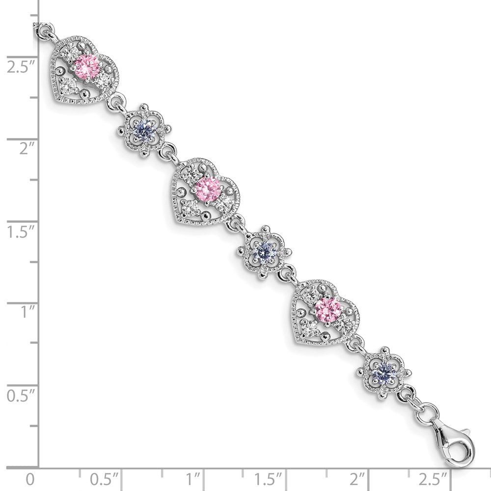 7 Inch Sterling Silver Rhod-Plated 7Inch Pink And Clear Cz Heart Bracelet