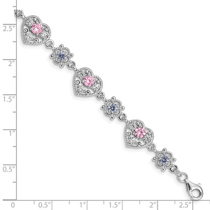7 Inch Sterling Silver Rhod-Plated 7Inch Pink And Clear Cz Heart Bracelet