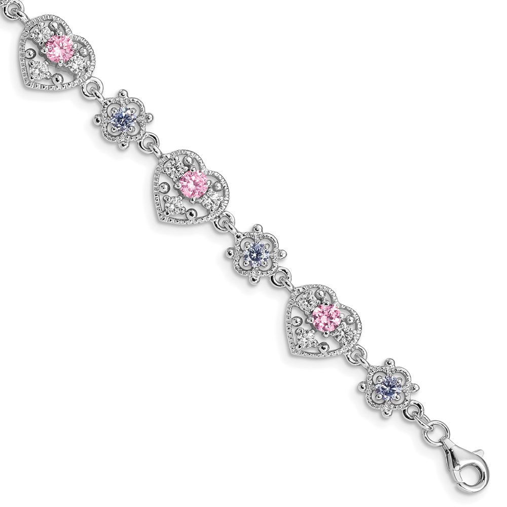 7 Inch Sterling Silver Rhod-Plated 7Inch Pink And Clear Cz Heart Bracelet