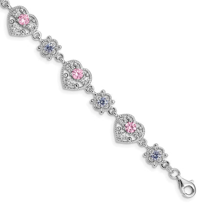 7 Inch Sterling Silver Rhod-Plated 7Inch Pink And Clear Cz Heart Bracelet