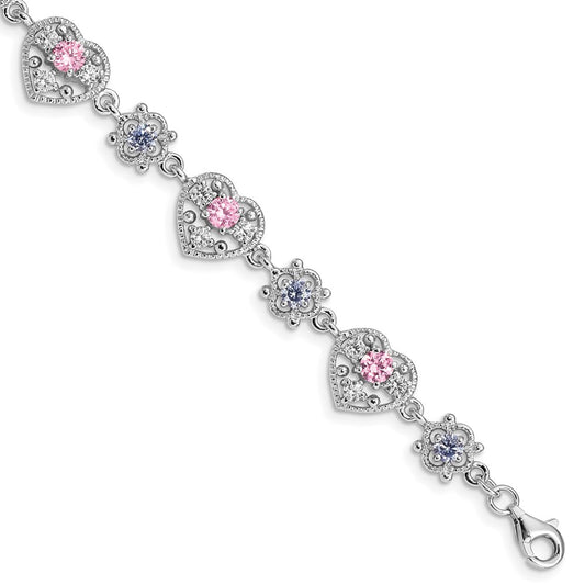 7 Inch Sterling Silver Rhod-Plated 7Inch Pink And Clear Cz Heart Bracelet