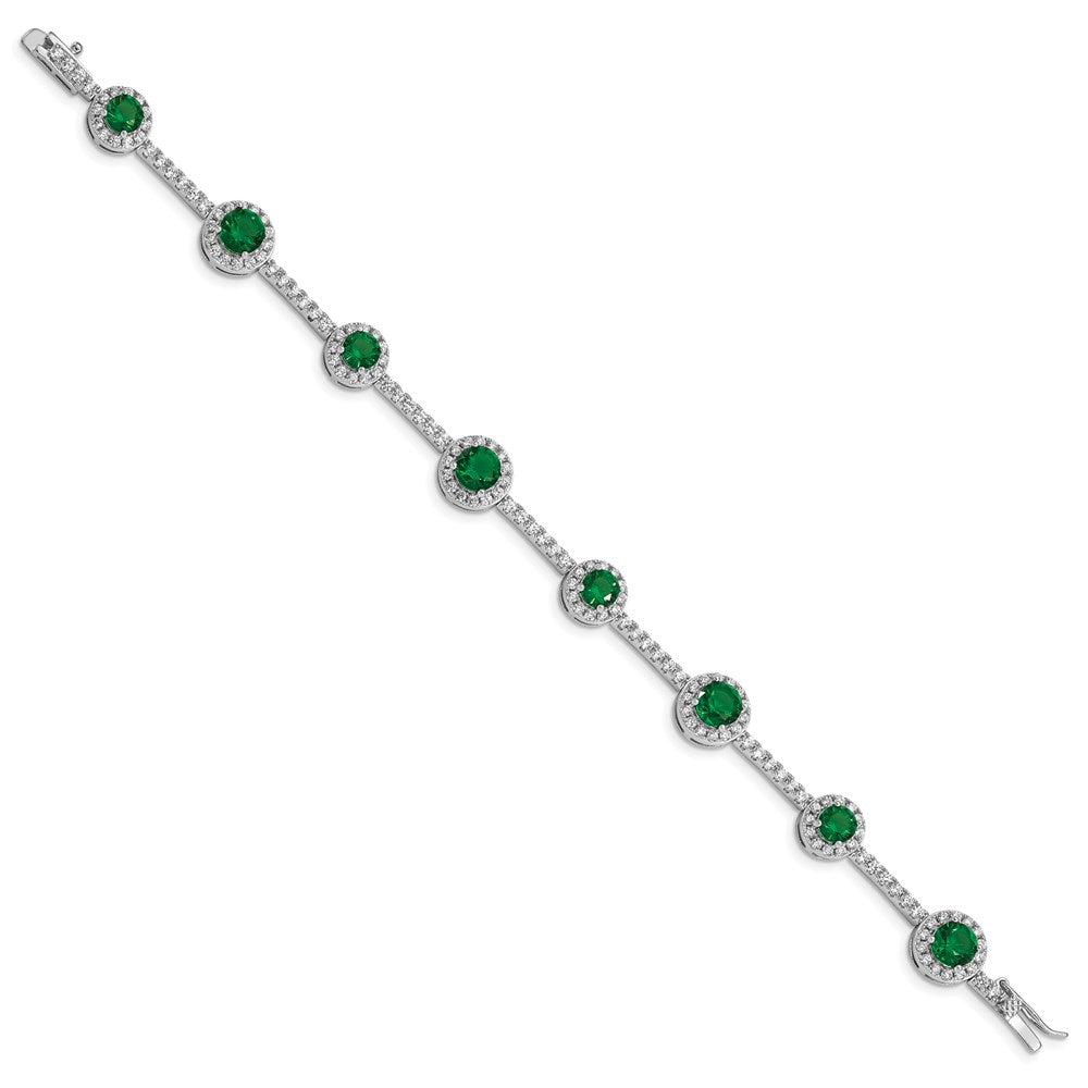 7.25 Inch Sterling Silver Rhodium-Plated 7.25Inch Green And Clear Cz Bracelet