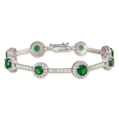 7.25 Inch Sterling Silver Rhodium-Plated 7.25Inch Green And Clear Cz Bracelet