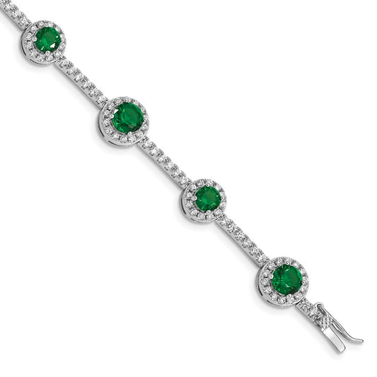 7.25 Inch Sterling Silver Rhodium-Plated 7.25Inch Green And Clear Cz Bracelet