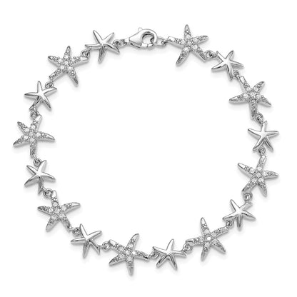 Sterling Silver Rhodium-Plated Cz Starfish 7.25 Inch Bracelet