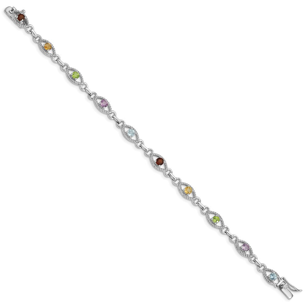 7 Inch Sterling Silver 7In Rhod Plated Multicolored Gemstone Link Bracelet