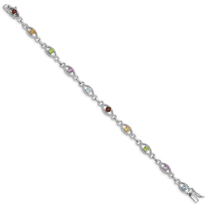 7 Inch Sterling Silver 7In Rhod Plated Multicolored Gemstone Link Bracelet