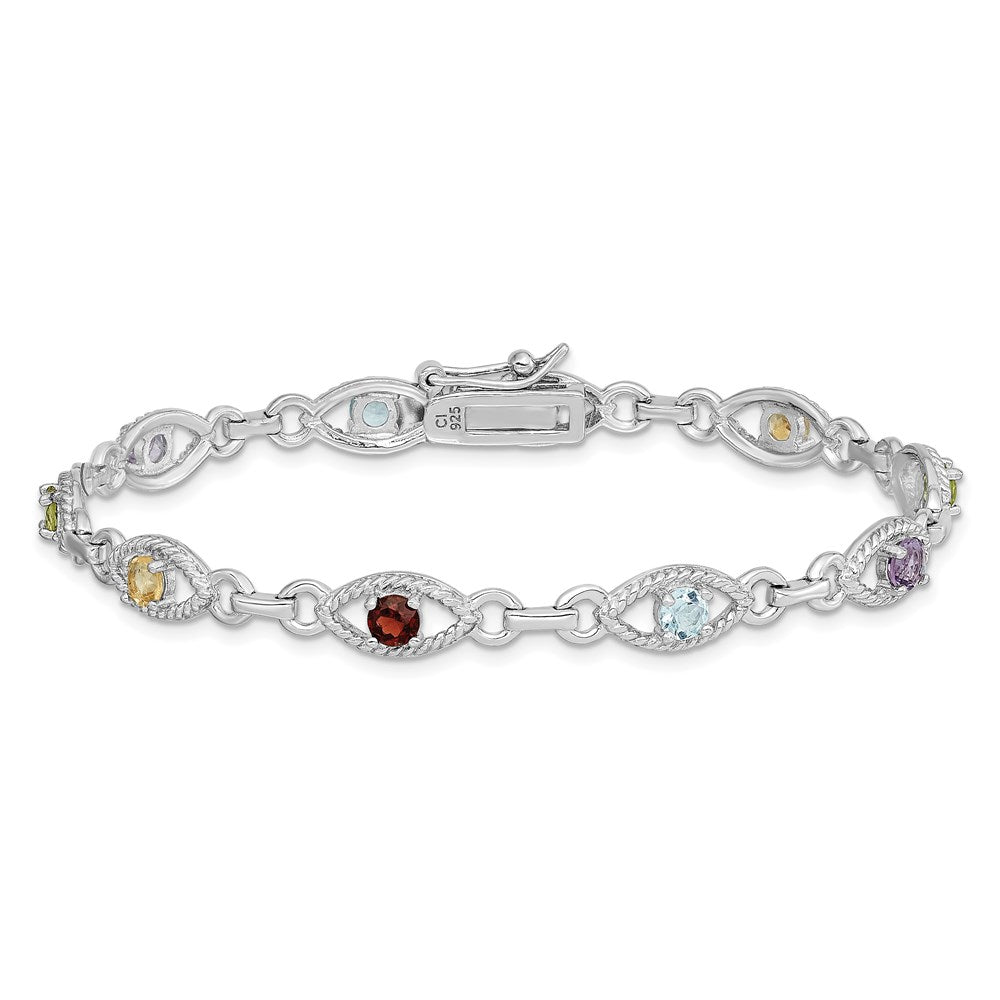 7 Inch Sterling Silver 7In Rhod Plated Multicolored Gemstone Link Bracelet