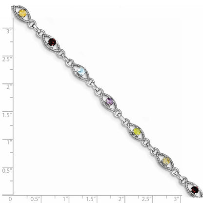 7 Inch Sterling Silver 7In Rhod Plated Multicolored Gemstone Link Bracelet