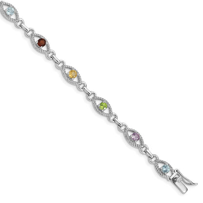7 Inch Sterling Silver 7In Rhod Plated Multicolored Gemstone Link Bracelet