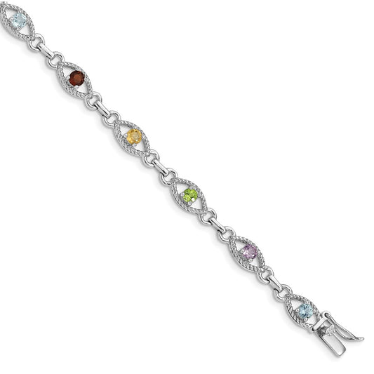 7 Inch Sterling Silver 7In Rhod Plated Multicolored Gemstone Link Bracelet