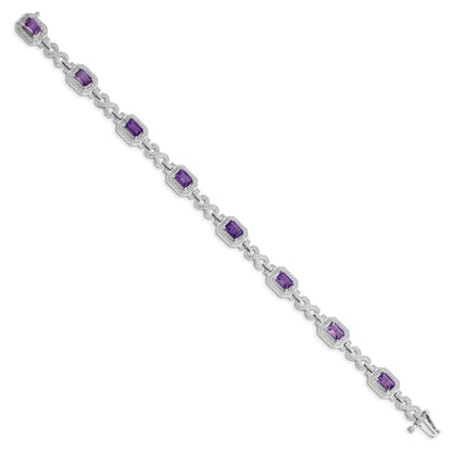 7 Inch Sterling Silver Rhodium-Plated Diamond & Amethyst Bracelet