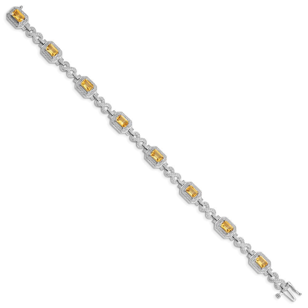 7 Inch Sterling Silver Rhodium-Plated Diamond & Citrine Bracelet