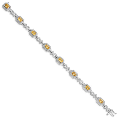 7 Inch Sterling Silver Rhodium-Plated Diamond & Citrine Bracelet