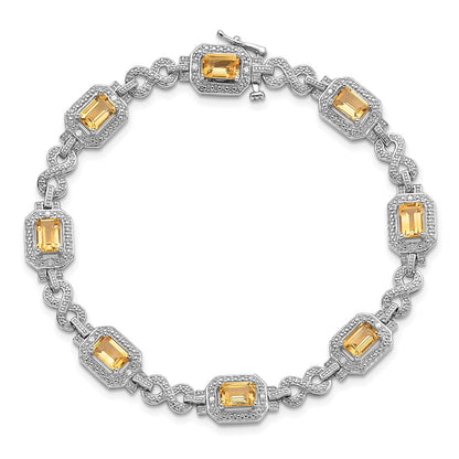 7 Inch Sterling Silver Rhodium-Plated Diamond & Citrine Bracelet