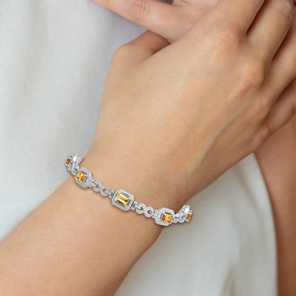 7 Inch Sterling Silver Rhodium-Plated Diamond & Citrine Bracelet