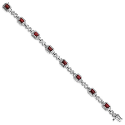 7 Inch Sterling Silver Rhodium-Plated Diamond & Garnet Bracelet