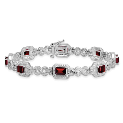 7 Inch Sterling Silver Rhodium-Plated Diamond & Garnet Bracelet