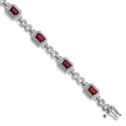 7 Inch Sterling Silver Rhodium-Plated Diamond & Garnet Bracelet