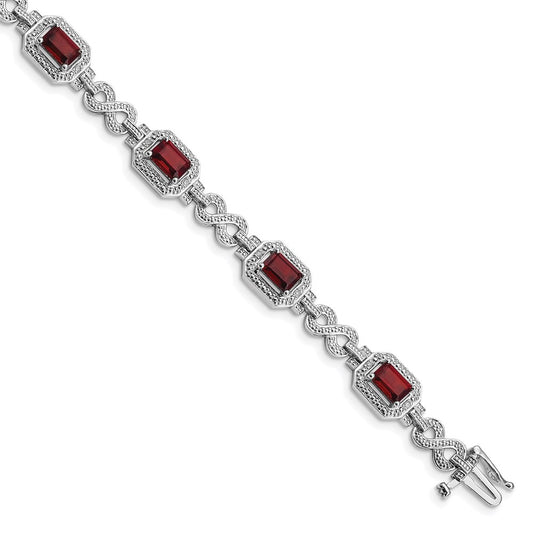 7 Inch Sterling Silver Rhodium-Plated Diamond & Garnet Bracelet