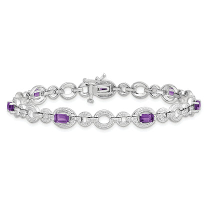 7 Inch Sterling Silver Rhodium-Plated Diamond & Amethyst Oval Link Bracelet