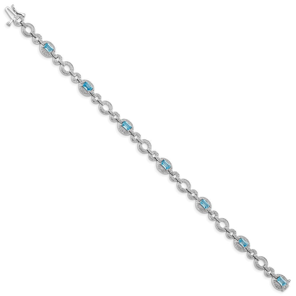 7 Inch Sterling Silver Rhodium-Plated Dia. & Lt Swiss Blue Topaz Oval Bracelet