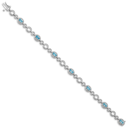 7 Inch Sterling Silver Rhodium-Plated Dia. & Lt Swiss Blue Topaz Oval Bracelet