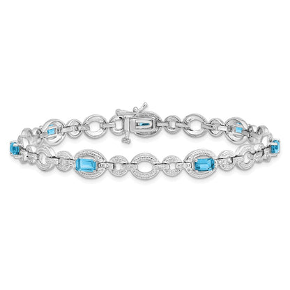 7 Inch Sterling Silver Rhodium-Plated Dia. & Lt Swiss Blue Topaz Oval Bracelet