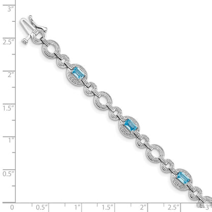 7 Inch Sterling Silver Rhodium-Plated Dia. & Lt Swiss Blue Topaz Oval Bracelet