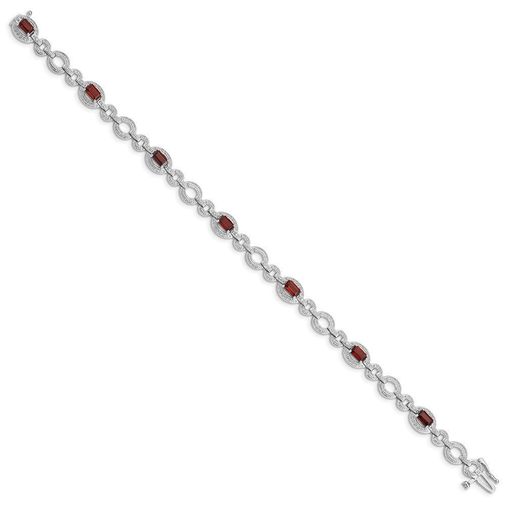 7 Inch Sterling Silver Rhodium-Plated Diamond & Garnet Oval Link Bracelet
