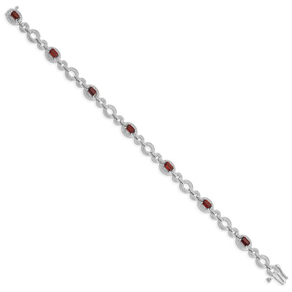 7 Inch Sterling Silver Rhodium-Plated Diamond & Garnet Oval Link Bracelet
