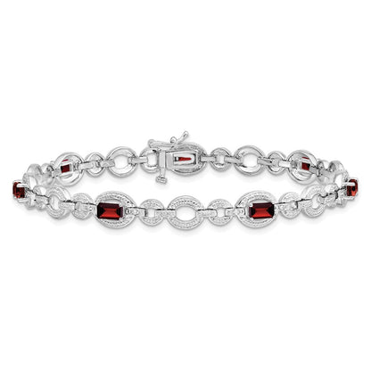 7 Inch Sterling Silver Rhodium-Plated Diamond & Garnet Oval Link Bracelet